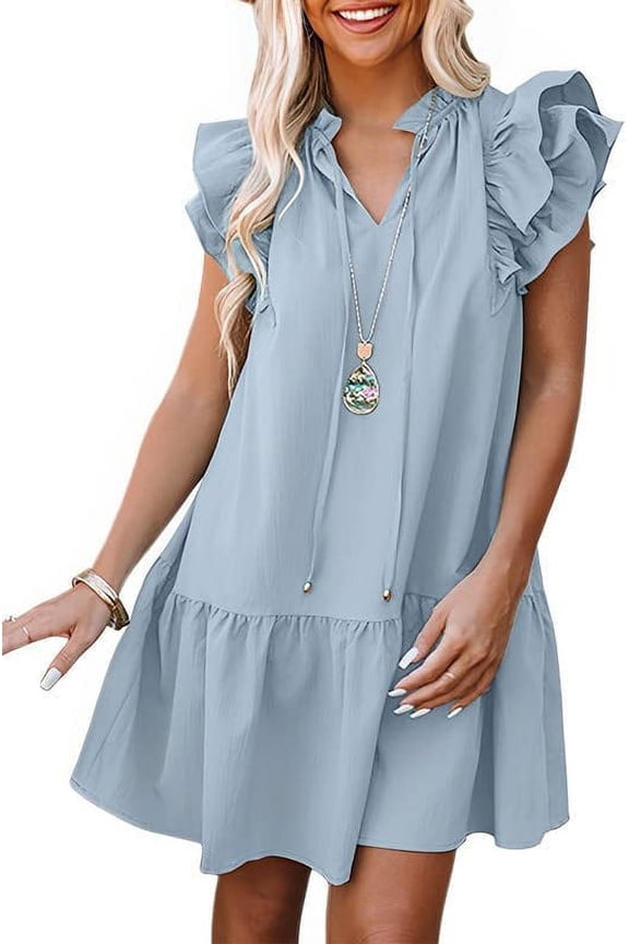 Womens 2023 Summer V-Neck Drawstring Ruffle Cap Short Sleeve Side Pockets Mini Dress Sundress