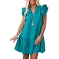 thumbnail image 1 of Wehilion Womens 2023 Summer V-Neck Drawstring Ruffle Cap Short Sleeve Side Pockets Mini Dress Sundress, 1 of 8