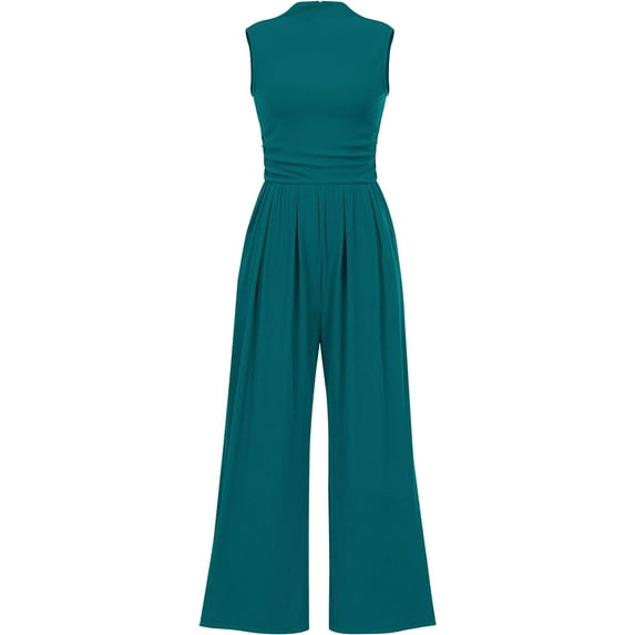 Wehilion Womens Summer One Piece Sleeveless Mock Neck Wide Leg Pants Rompers With Pockets