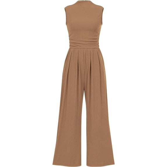 Wehilion Womens Summer One Piece Sleeveless Mock Neck Wide Leg Pants Rompers With Pockets