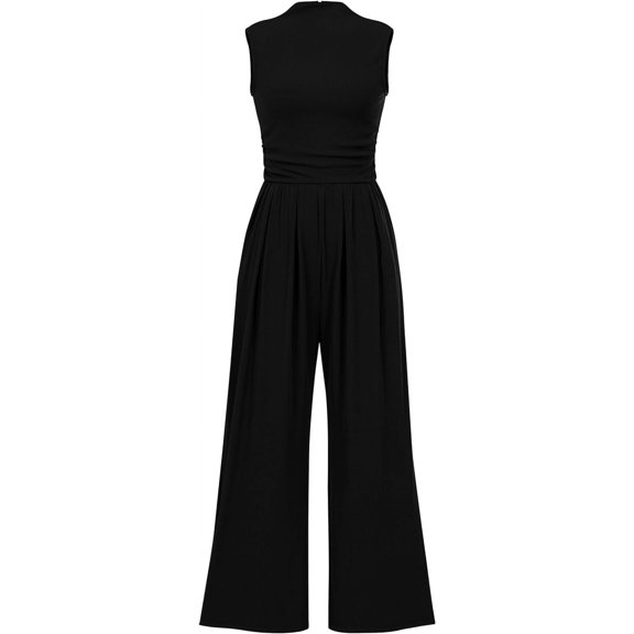 Wehilion Womens Summer One Piece Sleeveless Mock Neck Wide Leg Pants Rompers With Pockets