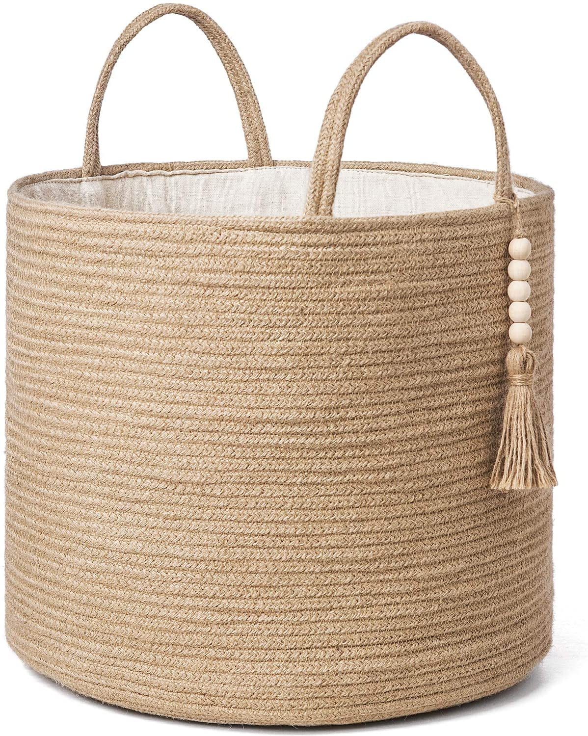Natural Jute Round Storage Basket with Wooden Bead Decor