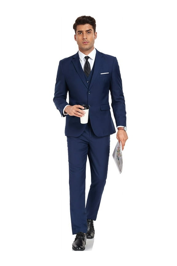 by Wehilion Men's Slim Fit 3-Piece Tuxedo Suit, Single-Breasted Two-Button Blazer, Vest & Pants, Navy Blue, Polyester