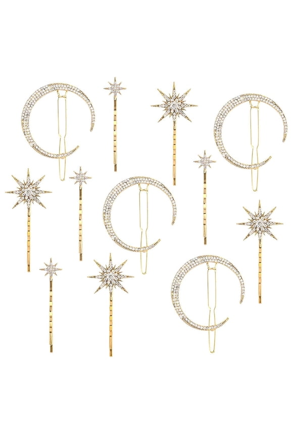 12 Pack Stars Moon Hair Clips Vintage Rhinestone Metal Alloy Hair Pins for Women Girls