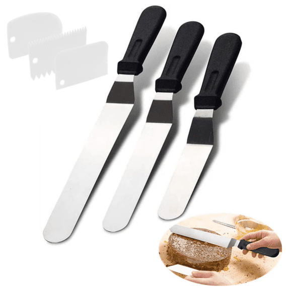 WeiDongzhuo 3 Set Offset Spatula For Frosting,6 8 10 Inch Angled Cake Icing Spatula,Stainless Steel Icing Spreader Knife, With 3 Cake Smoother Scrapers