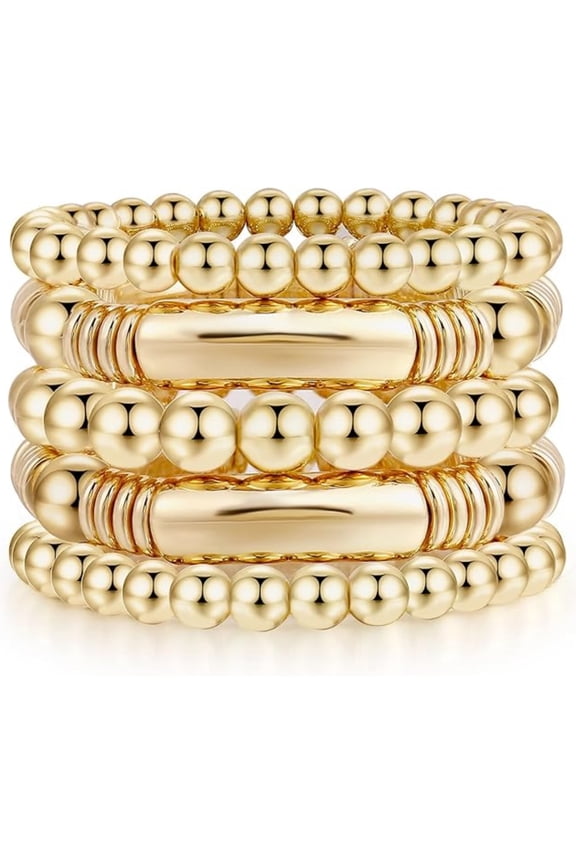 5-Pack Gold Plated Bangle Set - Chunky Curved Bead Ball Stretch Bracelets for Women Stacking Jewelry