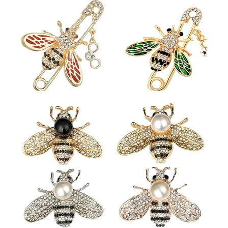 WeiDongzhuo 6Pcs Honeybee Bee Brooch Pins for Women Fashion Rhinestone Brooches Elegant Personality Bee Pin Set