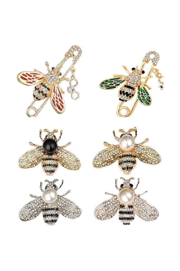 6Pcs Honeybee Bee Brooch Pins for Women Fashion Rhinestone Brooches Elegant Personality Bee Pin Set
