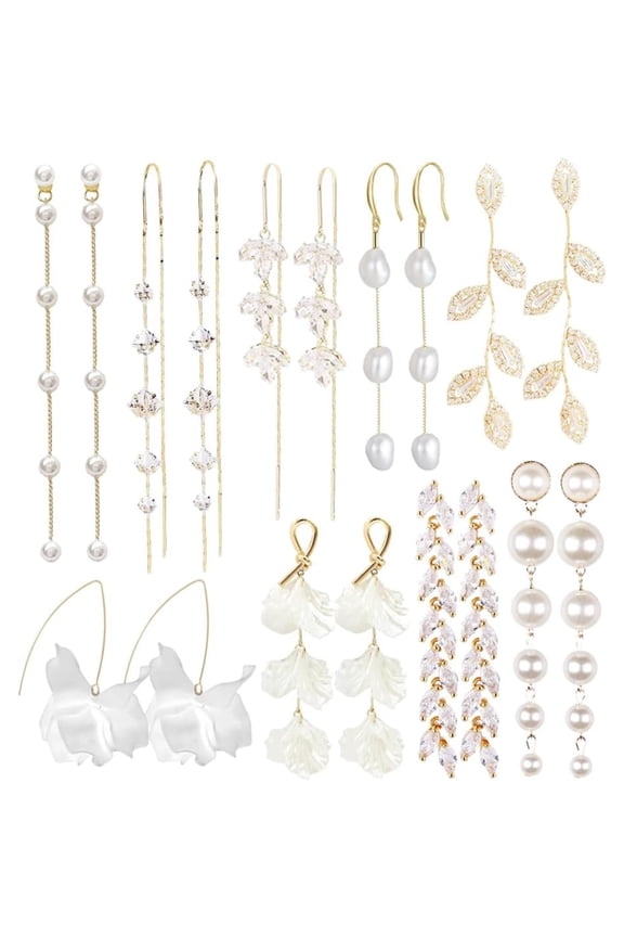 9 Pairs Long Tassel Dangle Earrings for Women Sparkling CZ Threader Drop Earrings Chain Olive Leaf Wedding Bridal Earrings Set