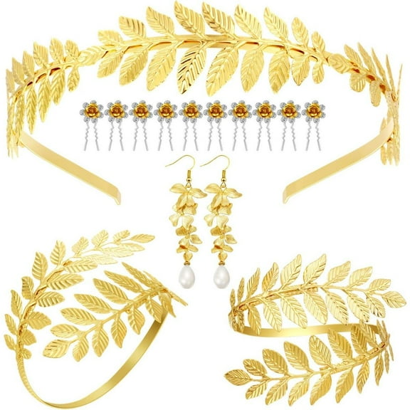 WeiDongzhuo Costume Accessories Set 15-Piece Golden Leaves Crown Headband Bracelet Pearl Earrings Hair Pins for Women
