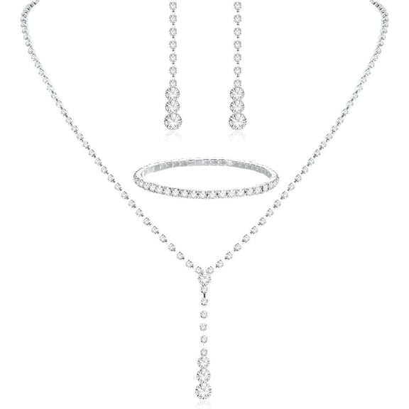 WeiDongzhuo Silver Bridal Jewelry Set, Rhinestone Teardrop Necklace Bracelet Earrings for Bride, Wedding Prom Crystal Accessories
