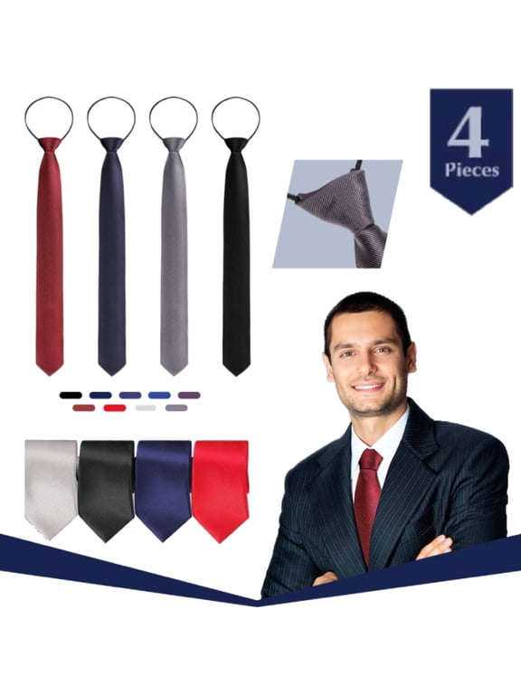 Zipper Ties for Men Zip up 4pcs Classic Adjustable Necktie ,Easy Pretied Solid Color Polyester