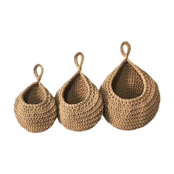WeiLaiKeQi 3Pcs Hanging Wall Baskets Decorative Wall Decor Kntited Boho Kitchen Baskets Brown