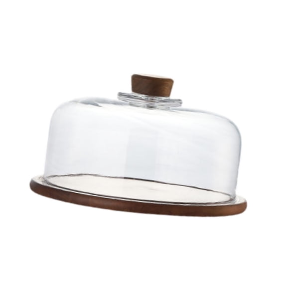 WeiLaiKeQi Cake Stand with Dome Unique Round Wood Server Clear Glass Dessert Dome with Wood Serving Tray for Wedding Shops Restaurants Holiday 27.5x17cm