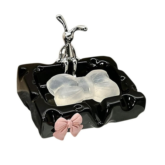 WeiLaiKeQi Cheese Themed Porcelain Soap Dish with Bunny Figurine Holder for Bar Kitchen Black