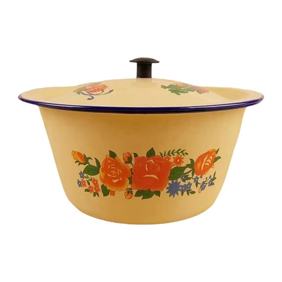 WeiLaiKeQi Creative Enamel Basin Lard Oil Basin with Cover Round Retro Household Basin Salad Mixing Bowl Storage Pot Chinese Enamel Bowl 1.45L