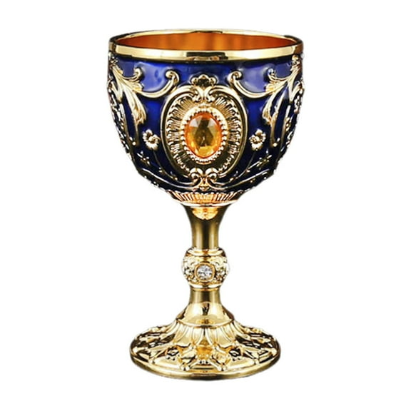 WeiLaiKeQi Metal Wine Cup Bar Wedding Rhinestone Decorative Retro Embossed Water Goblet Gold Deep Blue