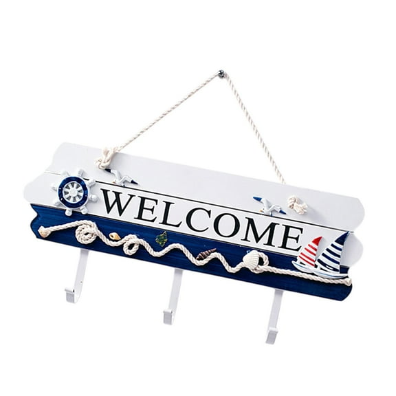 WeiLaiKeQi Wooden Welcome Hook Rack Hanging Rustic Welcome Sign for Entryway Home Decor Dark Blue