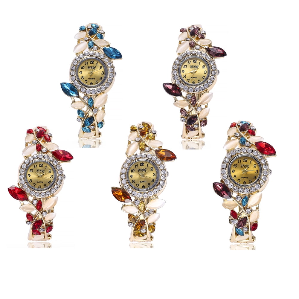 Weicam 5 Pack Women Luxury Watch Bracelet Diamond Flower Lady Retro