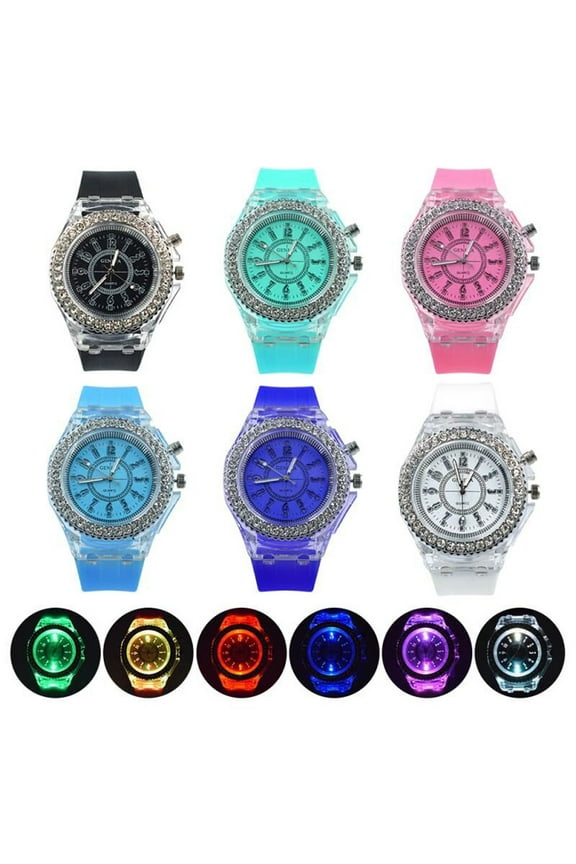 6 Pcs Watches Women Men Luminous Colorful Lights Rhinestone LED Watch Analog Quartz Wrist Watch