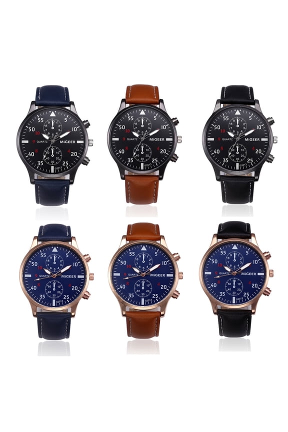 6 Pcs Wholesale Watches Men Retro Leather Strap Watch Analog Quartz Wrist Watches