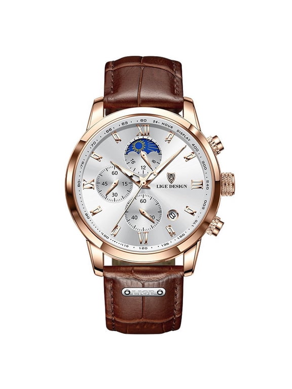 Men Boy Casual Waterproof Roman numerals Leather Band Analog Quartz Wristwatches with Chronograph Calender Business Watch
