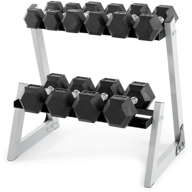 Weider 200 lb. Rubber Hex Dumbbell Weight Set with Weight Rack