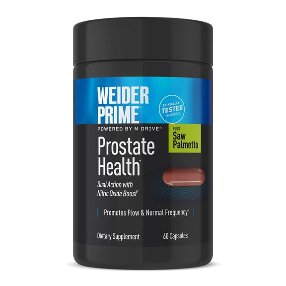 Weider Prime Prostate Health for Men, Saw Palmetto, Dual Action with N.O. Boost, Promotes Flow and Normal Frequency, 60 Veggie Capsules