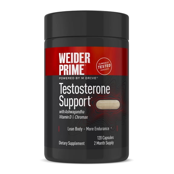 Weider Prime Testosterone Support - 120 capsules - Men's Health Supplement- Enriched with Vitamins & Minerals- Daily Energy & Vitality - with Ashwagandha, Chromax Chromium, Bioperine & Zinc