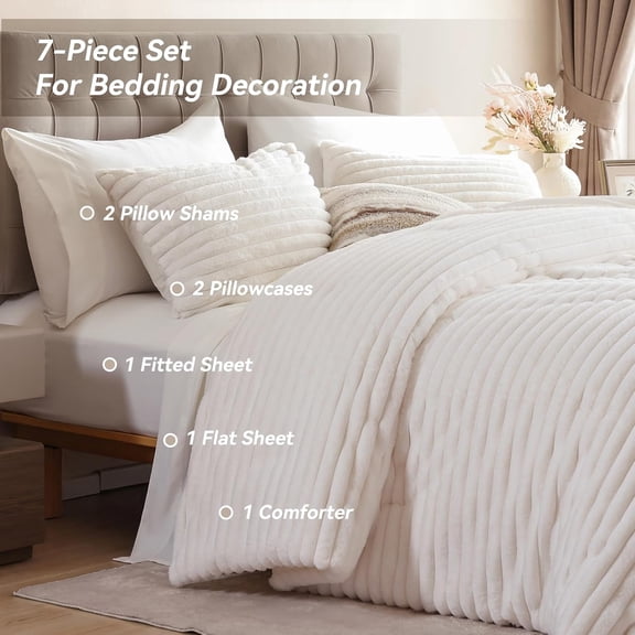 Weigelia Bed in a Bag Fluffy Full Comforter Set 7 Pieces Cream White Fleece Luxury Soft