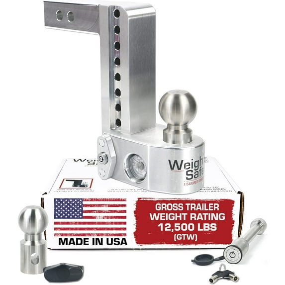 Weigh Safe Adjustable Trailer Hitch Ball Mount - 8" Drop Hitch for 2" Receiver w/ 2 pc Keyed Alike Lock Set,Aluminum Trailer Tow Hitch w/Built in Weight Scale for Anti Sway, 12,500 lbs GTW