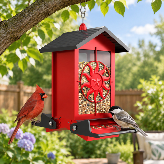 Weight-Activated Squirrel Proof Metal Bird Feeder, 5lb Capacity, Red
