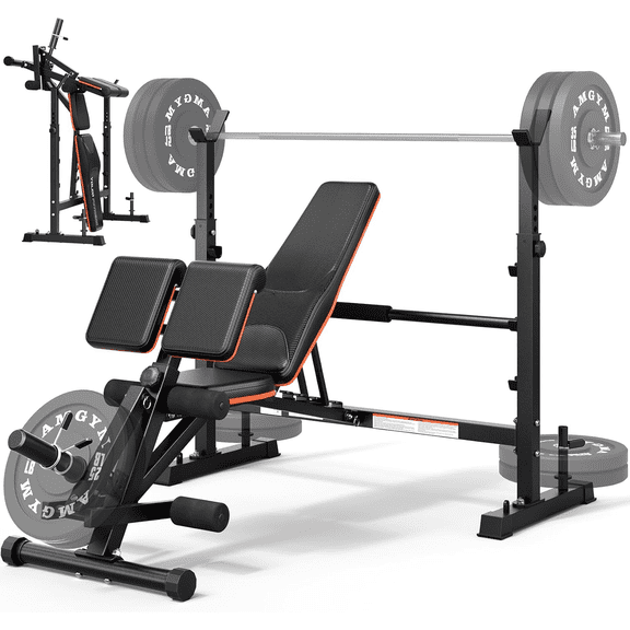 Weight Bench with Rack - Bench Press Set, Leg Extension, Preacher Curl & Flat/Incline/Decline Full Body Workout Bench, Adjustable Olympic Weight Benches for Home Gym(47.44IN WIDE GRIP)