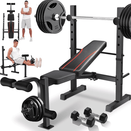 Weight Bench Set, 600LBS Adjustable Bench Press Set with Squat Rack & Leg Extension, Folding Workout Bench Set for Full Body Workout, Standard Weight Training Benches for Home Gym Exercise