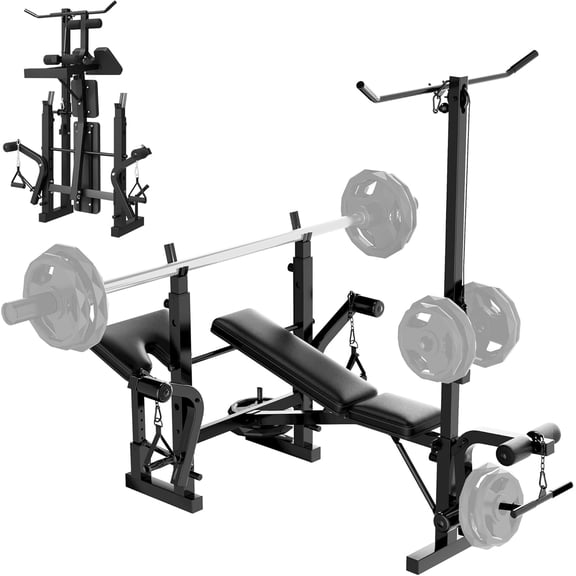 Weight Bench Set for Home Gym, Multi-Function Bench Press Set with Preacher Curl Pad & Chest Fly, Leg Extension and Leg Curl, Lat Pulldown, Full Body Strength Trainer Equipment