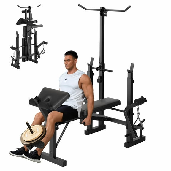Weight Bench Set with Leg Extension and Leg Curl and Preacher Curl, 7 in-1 Strength Training Bench with Squat Rack, 900 LBS Capacity Multifunctional Adjustable Foldable Workout Bench for Home Gym
