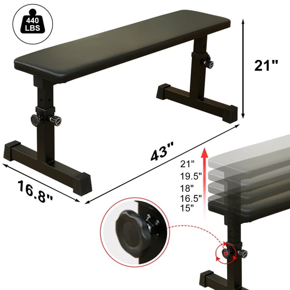 Weight Bench THE Flat Weight Bench for Strength Training W/ 5-Level Adjustable Height,Workout Bench