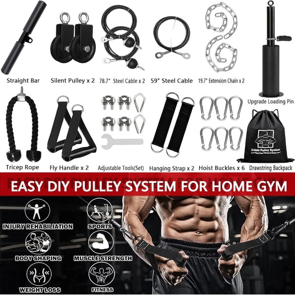 Weight Cable Pulley System Gym Upgraded Fitness LAT and Lift Pulley Attachments Tricep Workout with Adjustable Length Cable for Home Gym