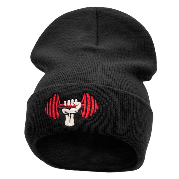 Weight Lifting Embroidered 12 Inch Long Knitted Beanie - Black OSFM