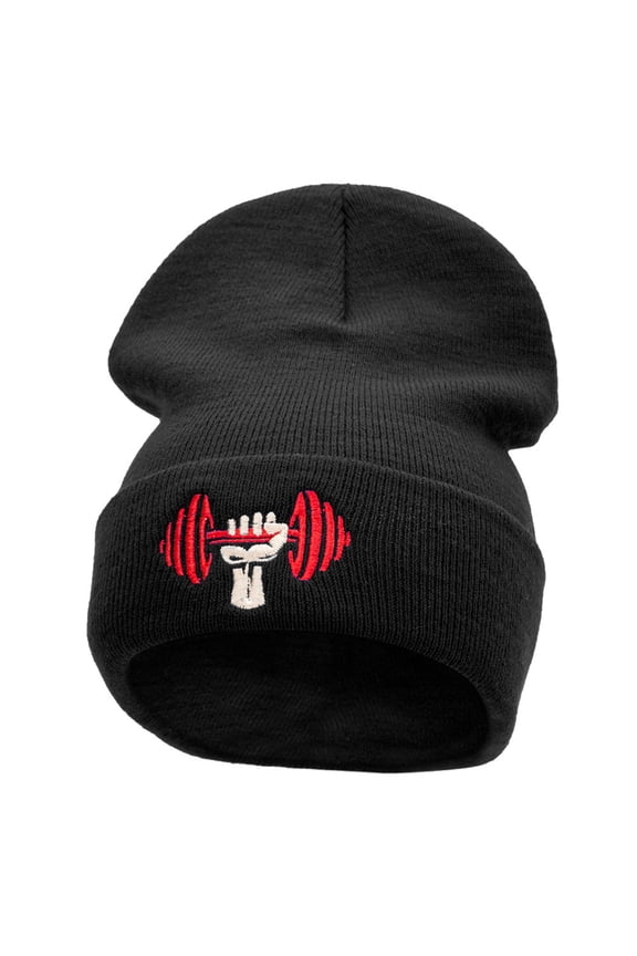 Weight Lifting Embroidered 12 Inch Long Knitted Beanie - Black OSFM