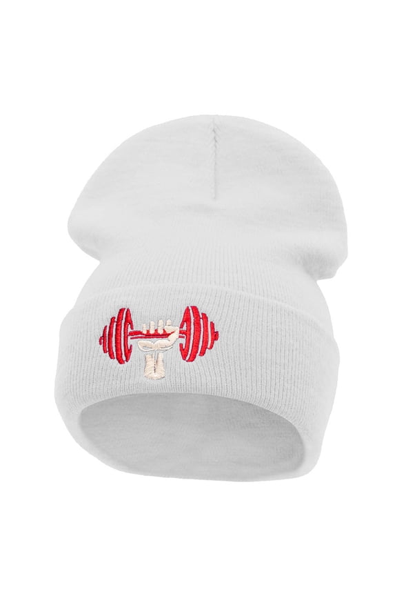 Weight Lifting Embroidered 12 Inch Long Knitted Beanie - White OSFM