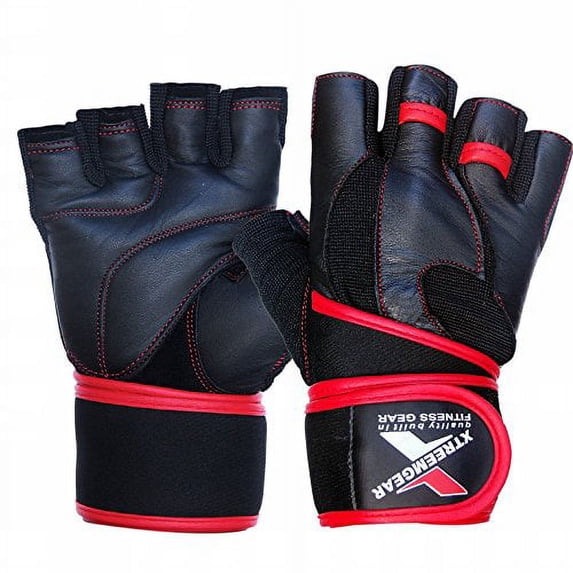 Weight Lifting Fitness Leather Gym Gloves Gel Padded Cowhide Long Strap Red G6R (XL)