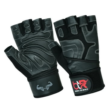 Weight Lifting Gloves Cowhide Leather Fingerless Padded Long Wrist Support Gym Exercise Powerlifting Gloves Unisex Design Black-L