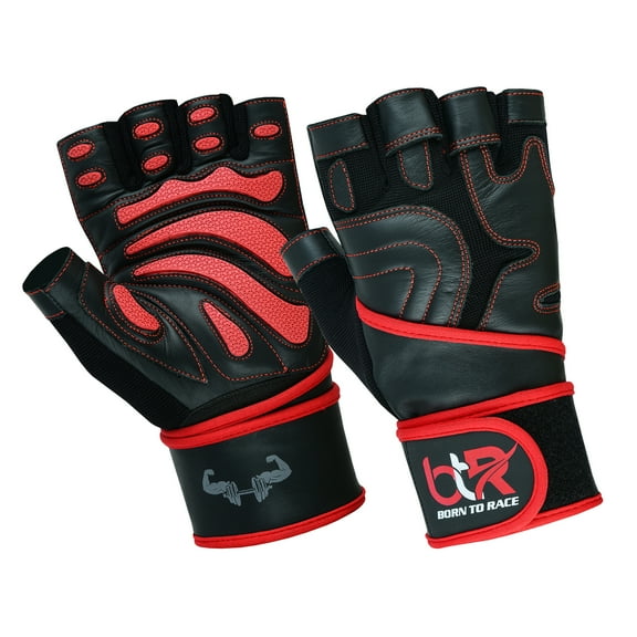 Weight Lifting Gloves Cowhide Leather Fingerless Padded Long Wrist Support Gym Exercise Powerlifting Gloves Unisex Design Red-M