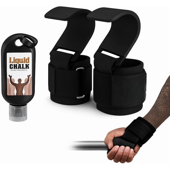 - Weight Lifting Hooks for Deadlifts, Pull-Ups Shrugs - Thick Neoprene Padding, Non-Slip Grip, Heavy Duty Wrist Support + Free 50ml Liquid Chalk