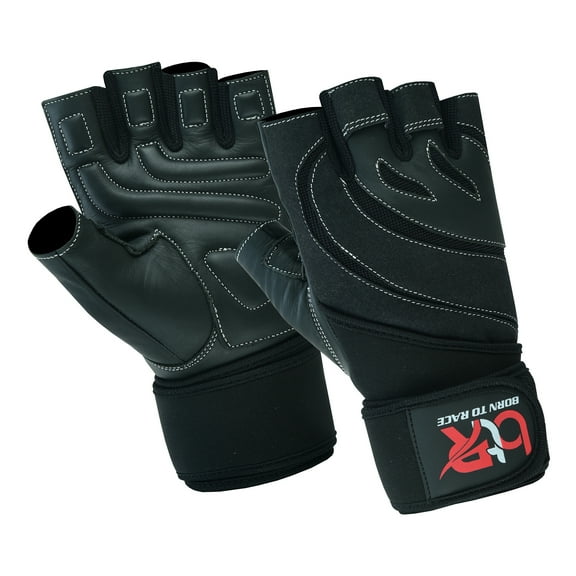 Weight Lifting Leather Padded Gloves Fingerless Body Building Long Wrist Support Training Gym Exercise Powerlifting Gloves Unisex Black-2XL