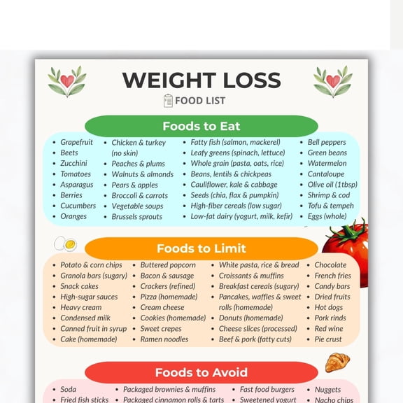 Weight Loss Food List Poster, Food Intake And Avoidance Chart, Healthy Weight Diet Guide Poster, Foods That Promote Metabolism, Weight Control, Low Calorie Poster poster