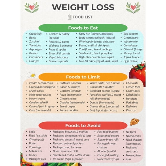 Weight Loss Food List Poster, Food Intake And Avoidance Chart, Healthy Weight Diet Guide Poster, Foods That Promote Metabolism, Weight Control, Low Calorie Poster