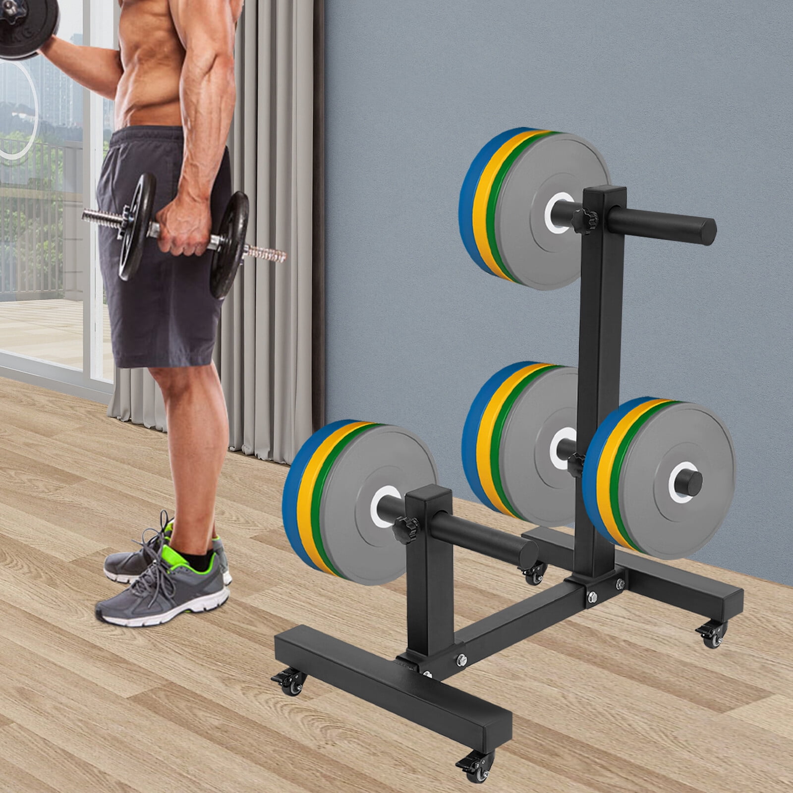 Weight Plate Rack, Dumbbell Stand Holder, 2-Column Mobile Storage Rack for Gym Plates, Durable Powder-Coated Steel, Fitness Equipment Organizer