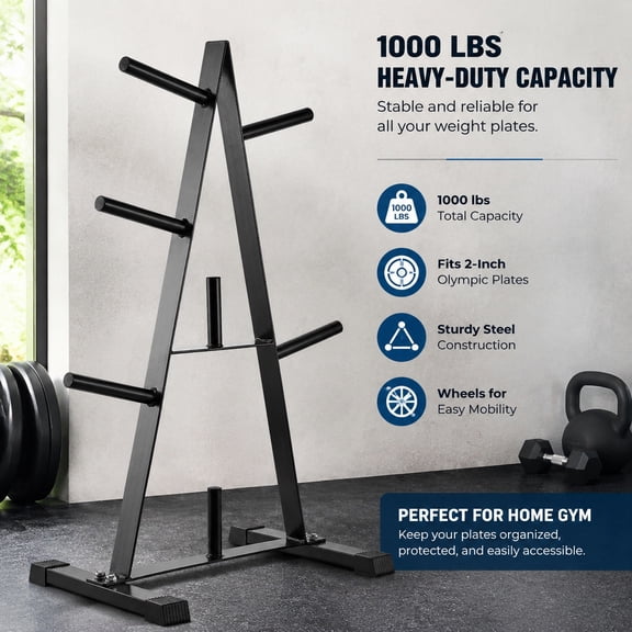 Weight Plate Rack with Wheels, Vertical Storage Stand for 2-Inch Standard Plates, 1000 lbs Capacity Gym Barbell Holder